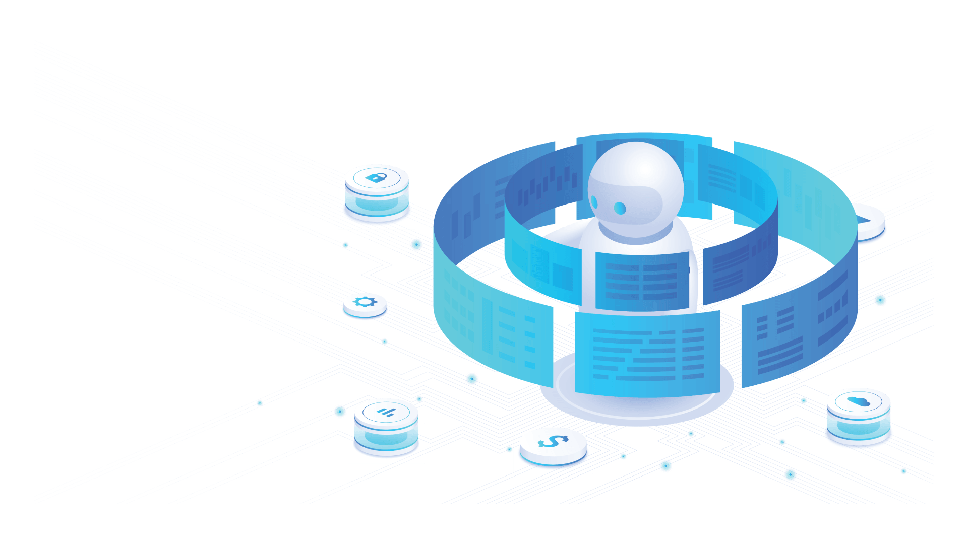 Illustration of a human analyst overseeing an AI system within a controlled environment